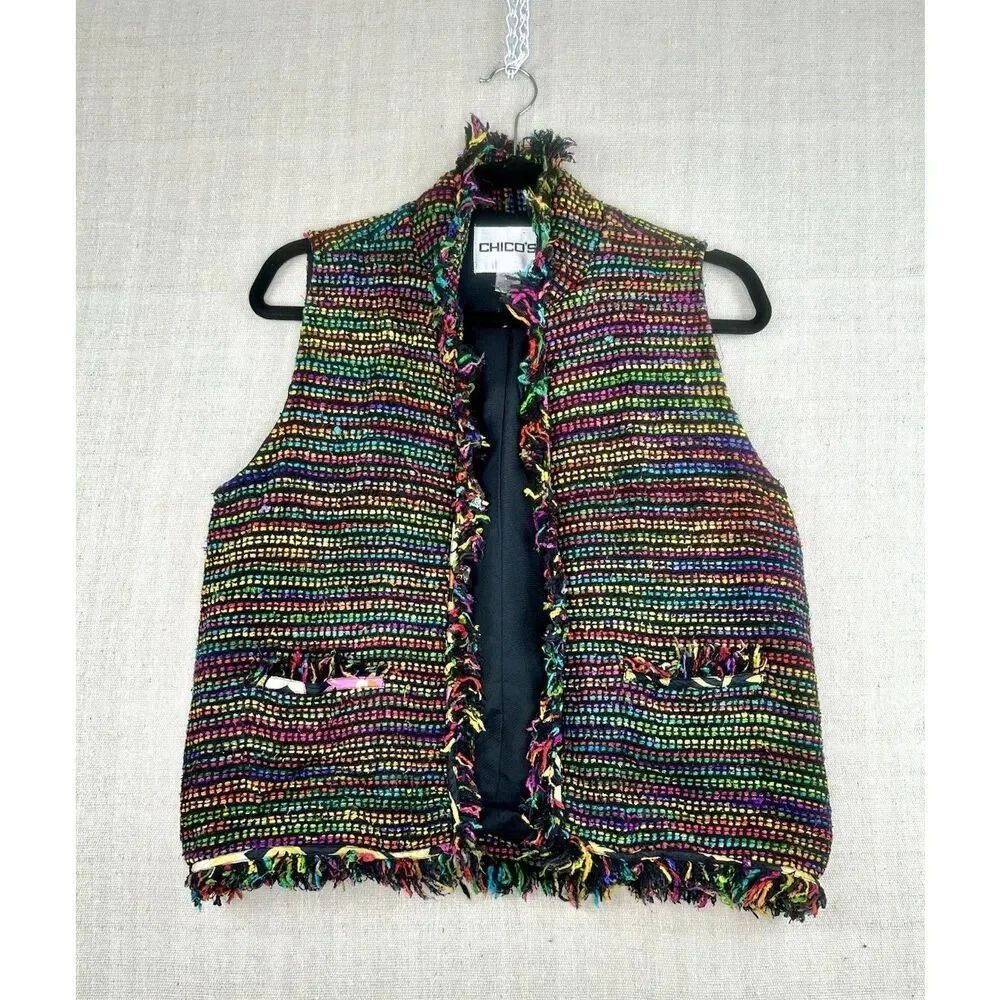 Chico’s Multicolor Fringe Tweed Silk Vest Women’s Size 0 Open Front Boho Artwear